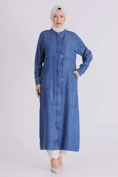 ottoman wear Behrem Büyük Beden Tesettür Tensel Kot Ferace Kot Mavi OTW28078