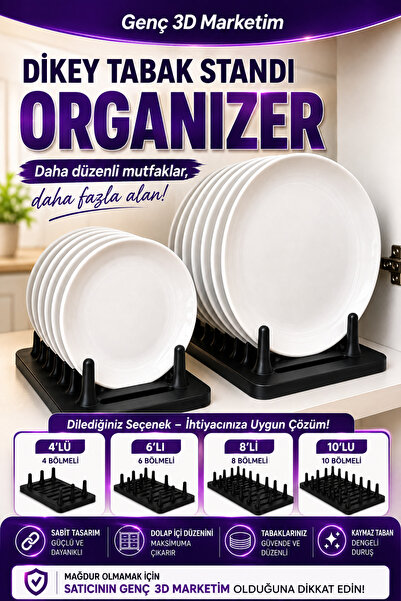 Genç 3D Dikey Tabak Standı Organizer - 4'lü 6'lı 8'li 10'lu Bölmeli Tabaklık ...