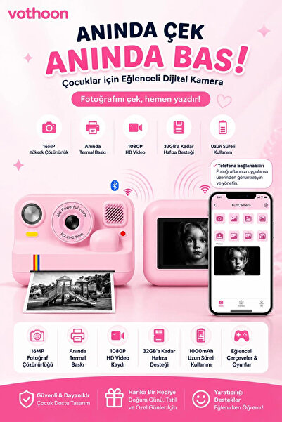 Vothoon Çocuk Anında Baskılı Fotoğraf Makinesi 16MP Dijital Kamera 1080P Vide...
