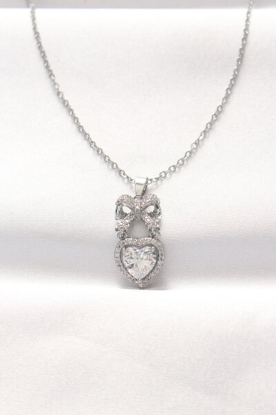 DMR Elegance 316L Steel Silver Color Zircon Stone Heart Bow Necklace
