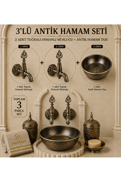 vb vitrinbanyo 3'lü Lüks Hamam Seti 2 Adet Antik Tuğralı Osmanlı Musluğu + An...