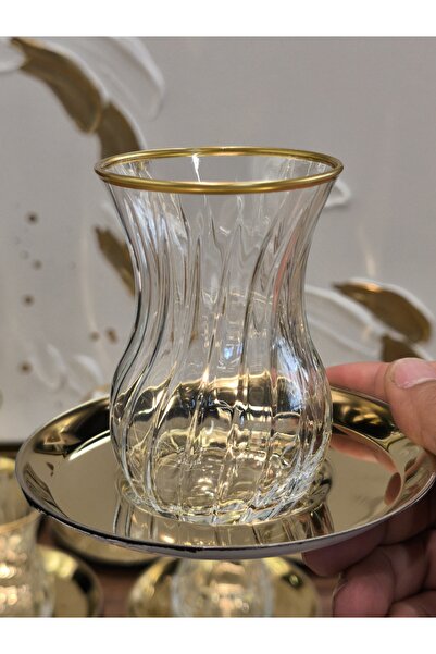 P&ORA PREMIUM KITCHEN PRODUCTS طقم شاي ذهبي فاخر لـ 6 أشخاص مع أطباق معدنية ذ...