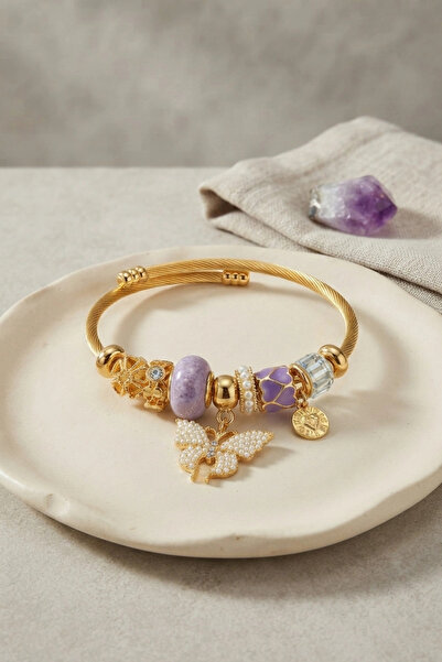 ARMÜZ Purple Butterfly Model Gold Color Charm Bracelet
