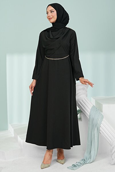 İmajButik Black Shoulder Shawl Detailed Chain Belted Dress