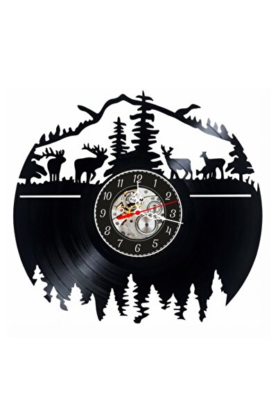 OEM Ceas de perete decorativ din disc de vinil, Model Munte-Pădure, Cerb și P...