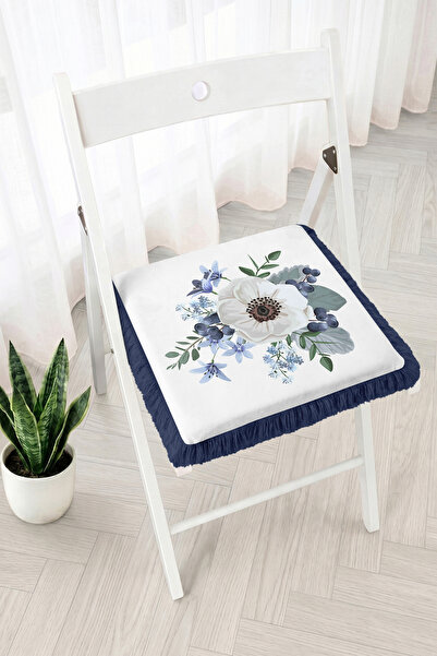 Realhomes Fringed Zippered Chair Cushion with Large White Flower and Blue Wil...