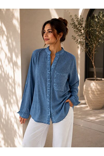 mega lucky Women's Blue Judge Collar Foldable Sleeve Oversize Shirt