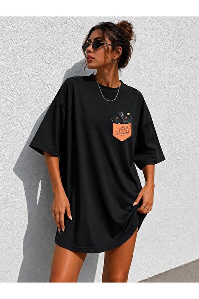 classy moda Γυναικείο μπλουζάκι με φλοράλ στάμπα και σχέδιο τσέπης, oversized...