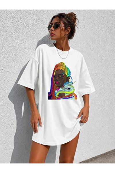 classy moda Γυναικείο πολύχρωμο μπλουζάκι με στάμπα γυναικείας φιγούρας και φ...