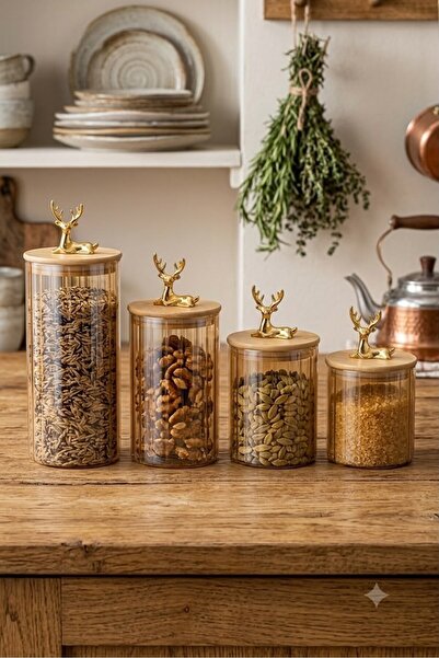 Reoona 4-Piece Borosilicate Glass Jar Set with Deer Figures for Kitchen 500-7...