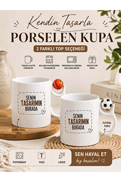 cekud tasarım baskı Kişiye Özel Top Kulplu Porselen Kupa Bardak | Basketbol &...