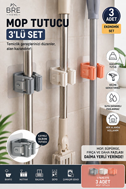 BRE HOME 3'lü Mop Tutucu Askı Aparatı Duvar Tipi Süpürge Fırça Sapı Tutacağı ...