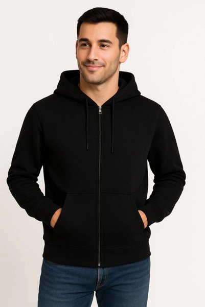 Generic Brand Men's 3 Thread Cotton Hooded Full-Zip Pocket Hoodie Sweatshirt - Black