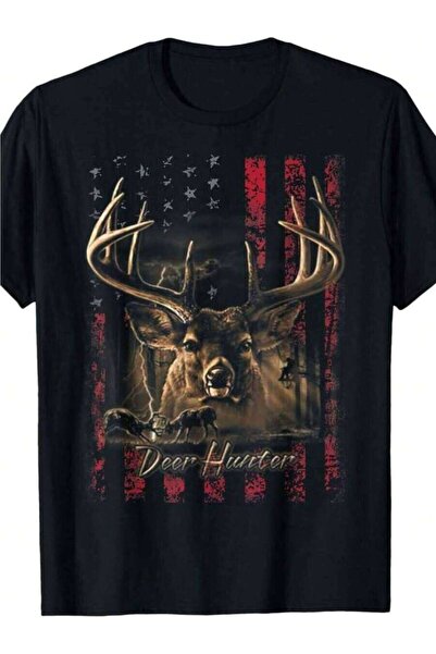 k222 Men'S American Flag Graphic Retro T-Shirt - Hunting Design With Deer Hea...