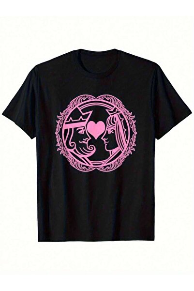 9JY Men's Crew Neck King Queen Couple Retro Streetwearsm Fit Black With Pink ...