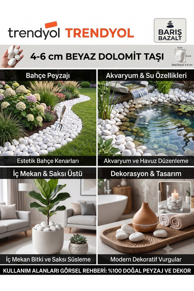Barış bazalt doğaltaş Beyaz Dolomit Taşı 3 KG 4-6 cm – Doğal Dekoratif Bahçe, Peyzaj, Saksı, Teraryum ve Akvaryum Taşı