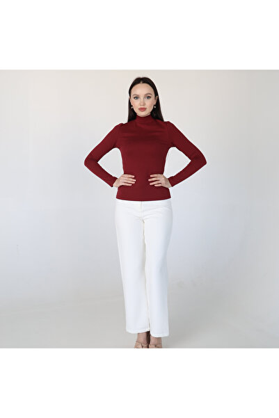 2TRENDY بلوزة نسائية بياقة عالية وأكمام طويلة لون عنابي
