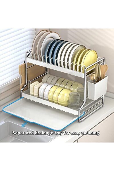 GENERAL Dish Drying Rack 2 Tier Countertop Dish Stand Organizer White Large C...