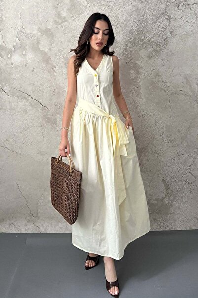 Moda Days فستان ماكسي نسائي أصفر اللون بياقة على شكل حرف V وأزرار وحزام جانبي...