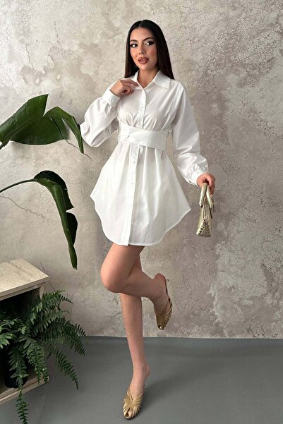 Moda Days Women's White Shirt Collar Long Sleeve Belted Waist Buttoned Short ...