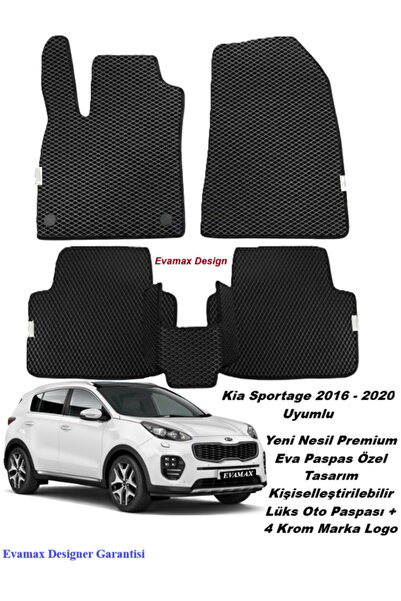 Kia Sportage 2016 - 2020 Uyumlu Yeni Nesil Premium Eva Paspas Özel Tasarım Kişiselleştirilebilir Lüks Oto Paspası + 4 Krom Marka Logo