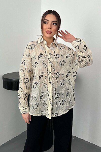 Clothes Fast Women's Black Embroidered Oversize Shirt Collar Long Sleeve Butt...