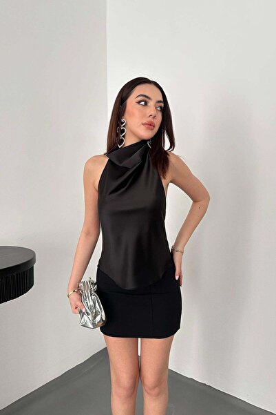 Moda Days Women's Black Satin Blouse with Degaje Collar, Halter Backless, Sle...