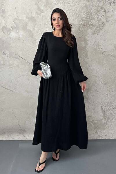 Moda Days Women's Black Long Sleeve Gathered Balloon Sleeve Round Neck Maxi D...