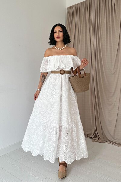 Clothes Fast Women's White Off-Shoulder Brode Maxi Dress Flounce Collar Flare...