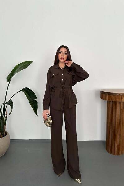 Clothes Fast Women's Brown Shirt Pants Set Buttoned Lace-Up Ribbed Wide Leg P...