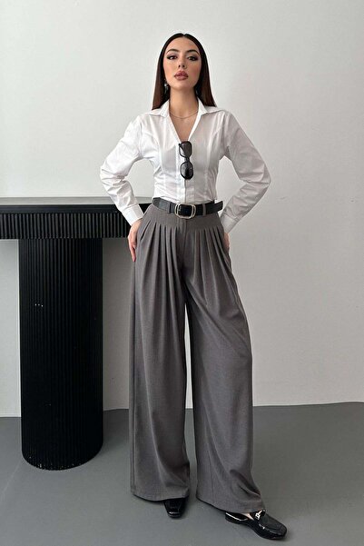 Clothes Fast Women's Gray Pleated High Waist Wide Leg Woven Palazzo Trousers
