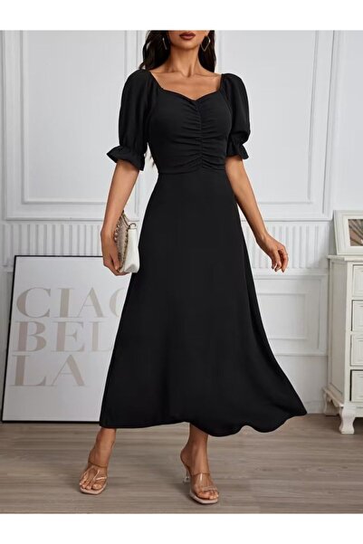 Wear Up فستان نسائي قصير الأكمام بياقة على شكل V وربطة أمامية طويلة من قماش ا...