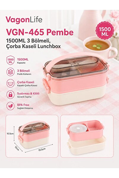Vagonlife VGN-465 Pembe 1500 ml Kapasiteli 3 Bölmeli Çorba Kaseli Lunch Box B...