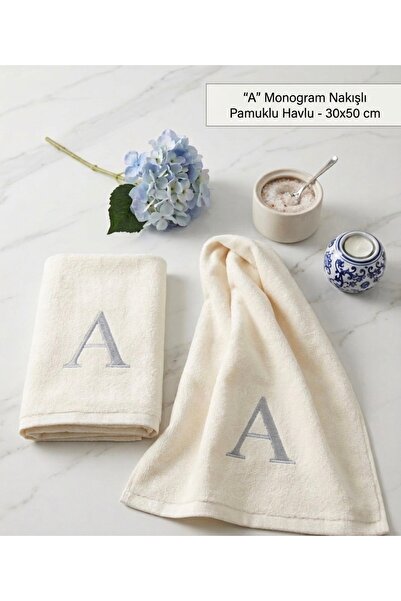 Denef Home Monogram Letter a Silver Embroidered Cotton Towel 30X50 cm