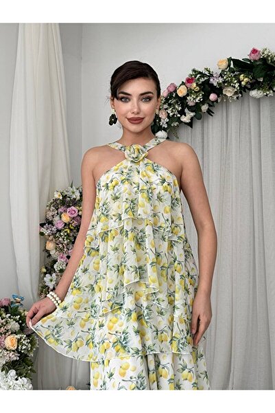 Clothes Fast فستان نسائي طويل من الشيفون بنقشة الزهور وياقة هالتر وطبقات متعددة