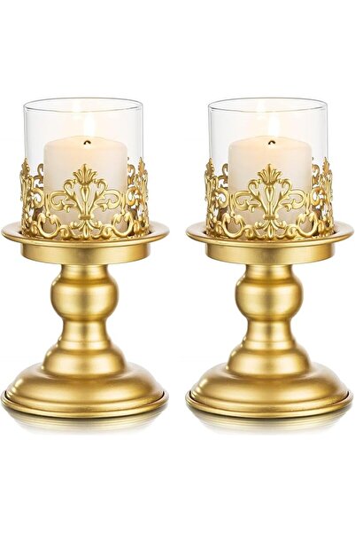 KASTWAVE Gold Pillar Candle Holders, Vintage Metal Candlestick Holders with R...