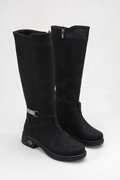SENASTİL S180 Women's Black Emerald Nubuck Look Boots with Side Zipper and Bu...