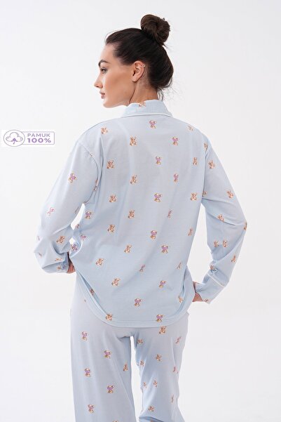 LULUS FRİENDS Shirt Collar Long Sleeve Front Heart Button Pocket Detailed Mini Teddy Bear Patterned Women's Pajama Set with Pants Premium Cotton