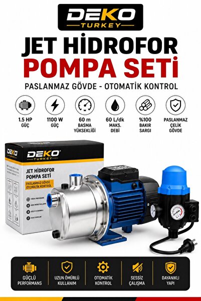 DEKO TURKEY 1.5 HP Paslanmaz Jet Hidrofor Pompası Otomatik Basınç Kontrollü S...