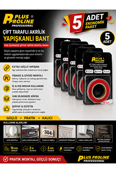 PLUS PROLİNE ( 5 ADET ) 16 mm 2 Metre | Çift Taraflı Akrilik VHB Şeffaf Köpük...