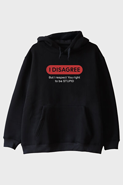 lofux I Disagree Printed Mizahi Black Hoodie