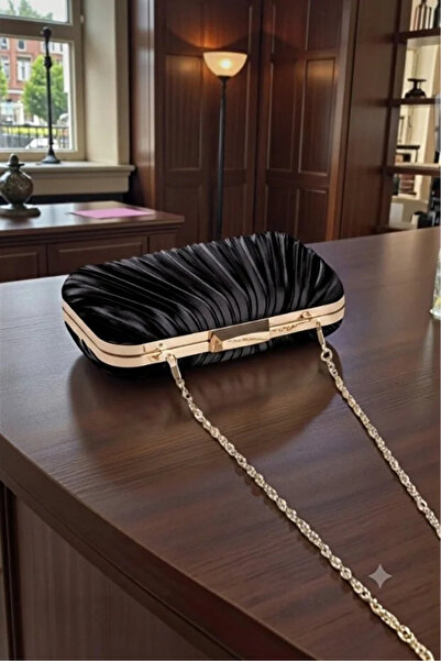 ZEYYMODA Siyah Pilse Desenli Abiye Çanta Pile Desen Abiye Çanta ve Clutch Portföy El Gece Düğün Nişan Abiye Çantası