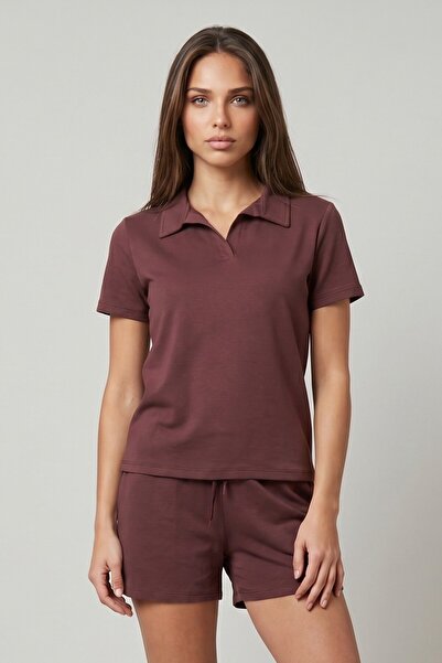 Moon Mix Women's Soft Knitted Fabric Polo Collar Blouse and Elastic Waist Sho...