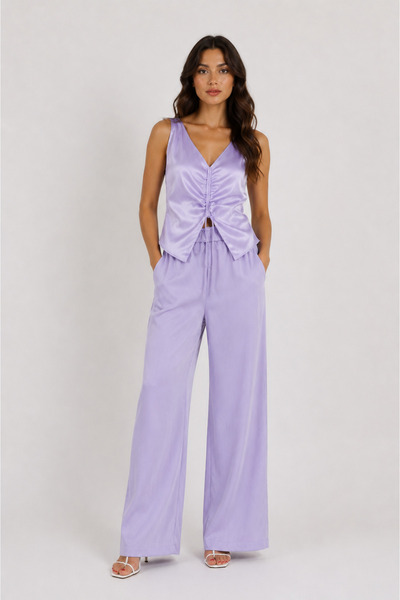 2TRENDY Women's Sleeveless V-Neck Ruffle Front Blouse Light Mauve