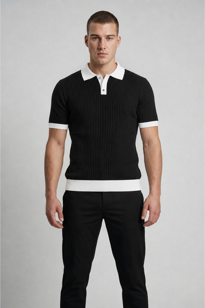 MODASPARK Black Polo Collar Buttoned Short Sleeve Men's T-Shirt