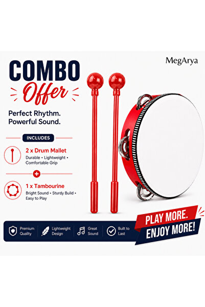 MegArya 8 Inch Tambourine with 2 Drum Mallets Combo Set
