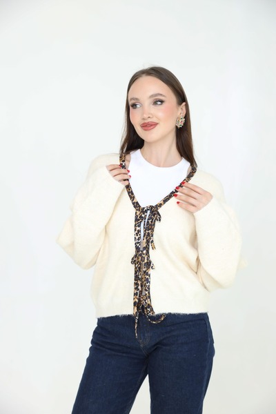 2TRENDY كارديجان تريكو نسائي مفتوح برباط أمامي لون بيج