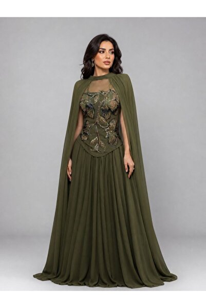 ranin Khaki Evening Dress with Chiffon Embroidery and Double Cloche Hem.