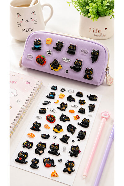Giraffe PK Sticker Kendinden Yapışkanlı Kabartmalı Kedili Sticker Seti – Sevimli Siyah Kedi, Pati ve Mama Motifli Dekoratif Çıkartma Süs