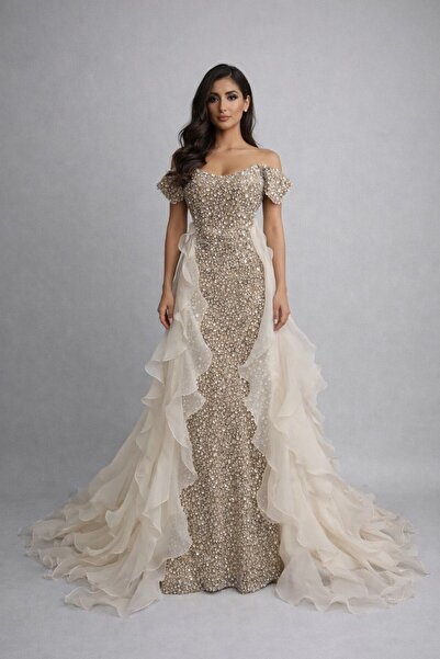 ranin Gray Evening Dress with Beaded Embroidery and Double Tassel Tail.